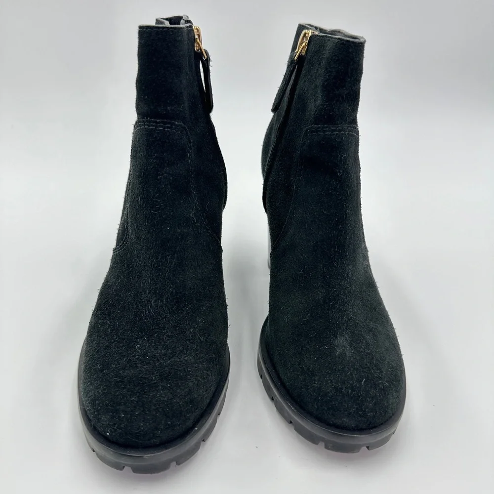 Tory Burch Sofia Black suede lug sole‎ platform booties sz 6 leather